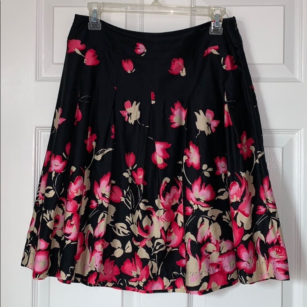 Black with pink & tan floral design pleated skirt